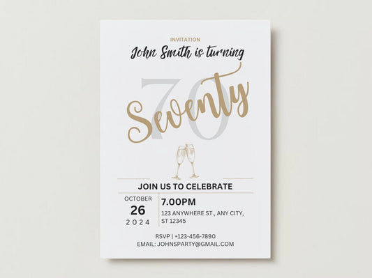 Personalized 70th Birthday Invitation for Man, Customized 70th birthday Invitation for Him