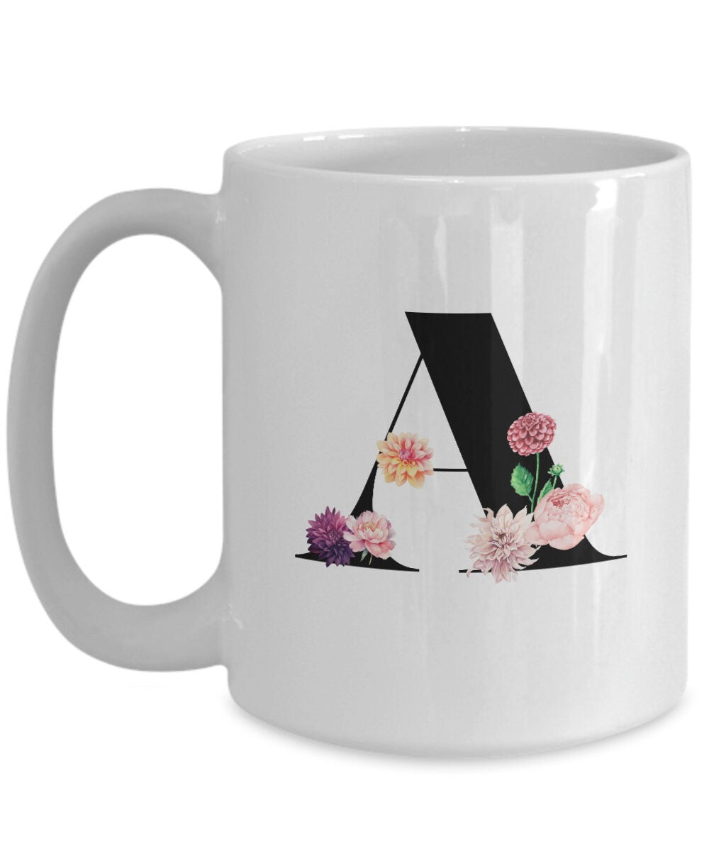 Letter A Coffee Mug, Alphabet Mug, Dahlia Mug, Peony Mug, Coffee Mug Letter A, Gift for Her