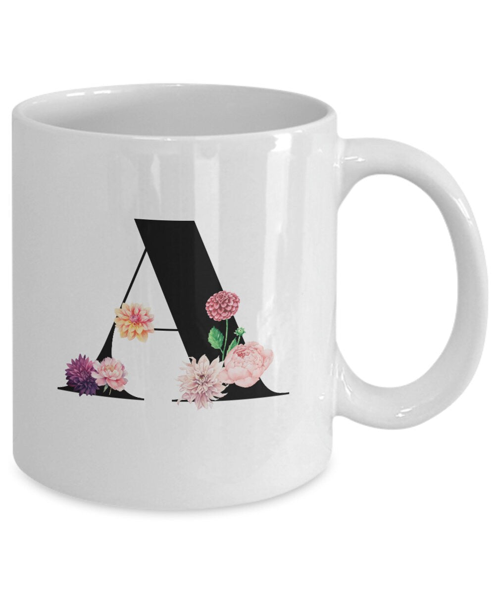 Letter A Coffee Mug, Alphabet Mug, Dahlia Mug, Peony Mug, Coffee Mug Letter A, Gift for Her