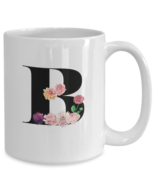 Large Letter B Coffee Mug, Alphabet Mug, Flower Letter Mug, Letter B Mug, Letter B Cup, Initial Monogram Coffee Mug, Bridesmaid Gift