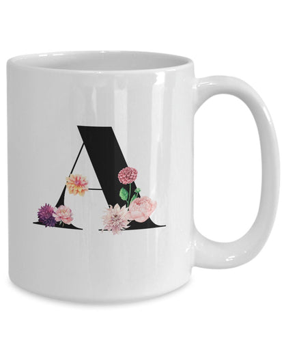 Letter A Coffee Mug, Alphabet Mug, Dahlia Mug, Peony Mug, Coffee Mug Letter A, Gift for Her