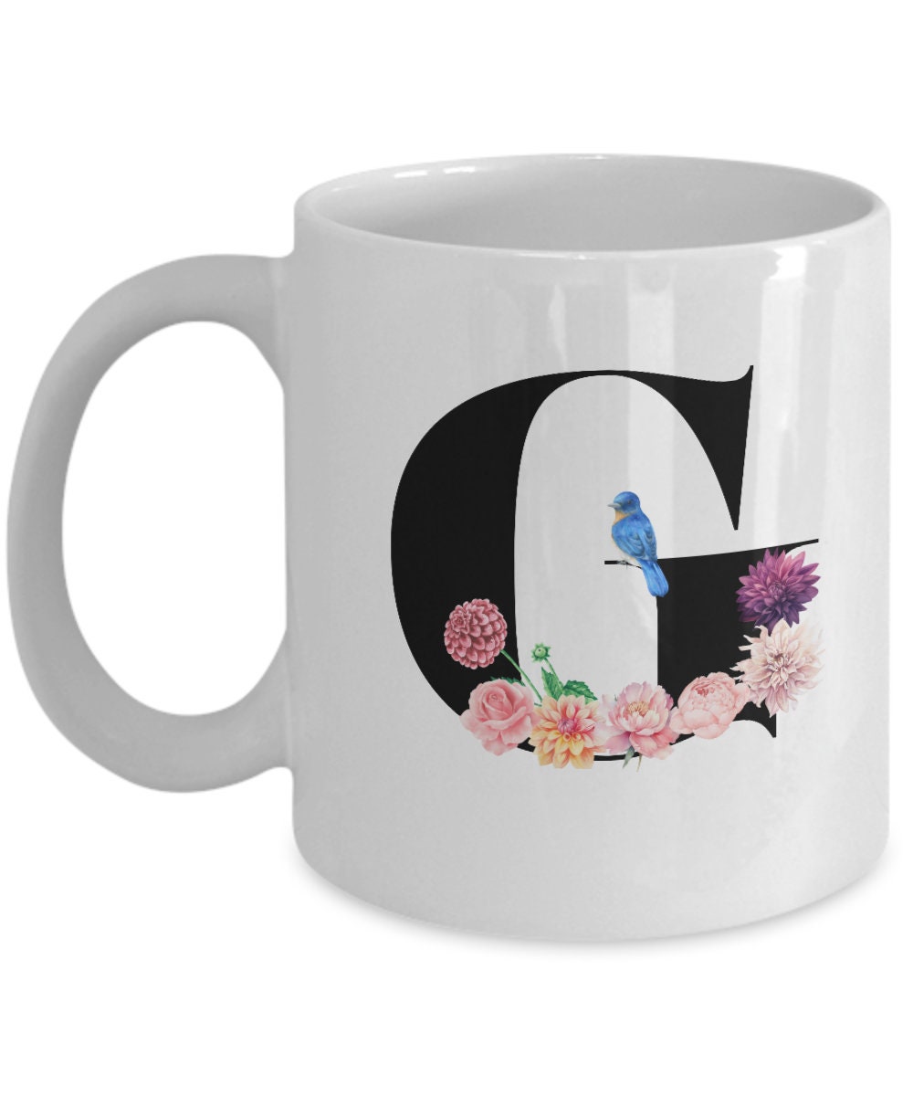 Large Letter G Coffee Mug, Alphabet Mug, Flower Letter Mug, Letter G Mug, Letter G Cup, Initial Monogram Mug, Bridesmaid Gift, Gift for Her