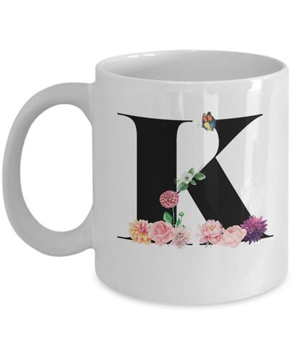 Large Letter K Coffee Mug, Alphabet Mug, Flower Letter Mug, Letter K Mug, Letter K Cup, Initial Monogram Mug, Bridesmaid Gift, Gift for Her