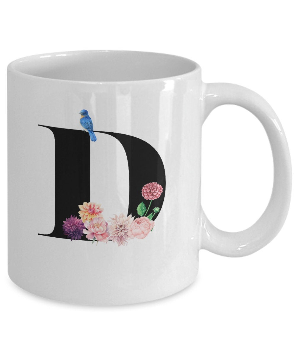 Large Letter D Coffee Mug, Alphabet Mug, Flower Letter Mug, Letter D Mug, Letter D Cup, Initial Monogram Mug, Bridesmaid Gift, Gift for Her