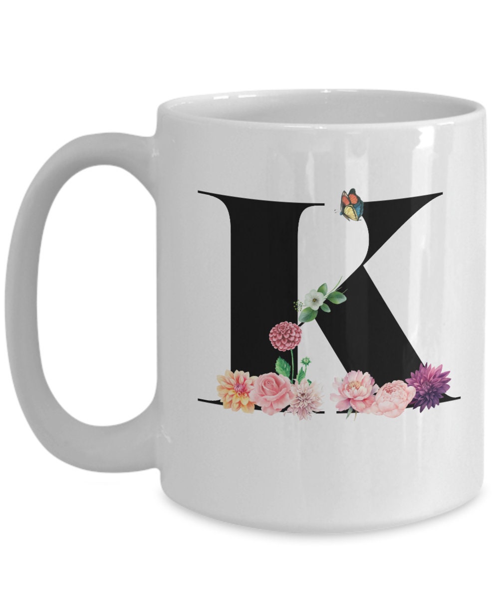 Large Letter K Coffee Mug, Alphabet Mug, Flower Letter Mug, Letter K Mug, Letter K Cup, Initial Monogram Mug, Bridesmaid Gift, Gift for Her