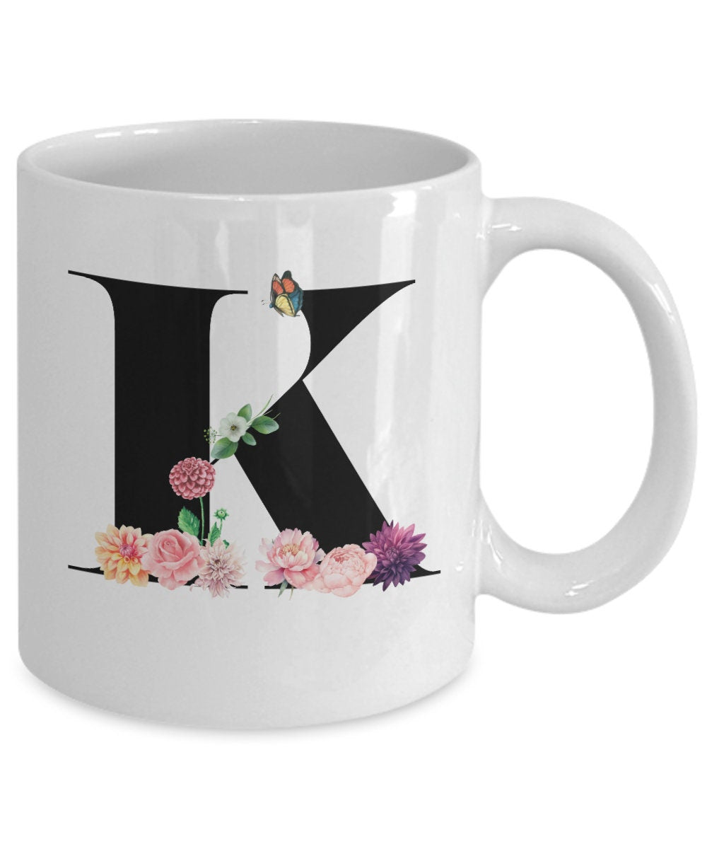 Large Letter K Coffee Mug, Alphabet Mug, Flower Letter Mug, Letter K Mug, Letter K Cup, Initial Monogram Mug, Bridesmaid Gift, Gift for Her