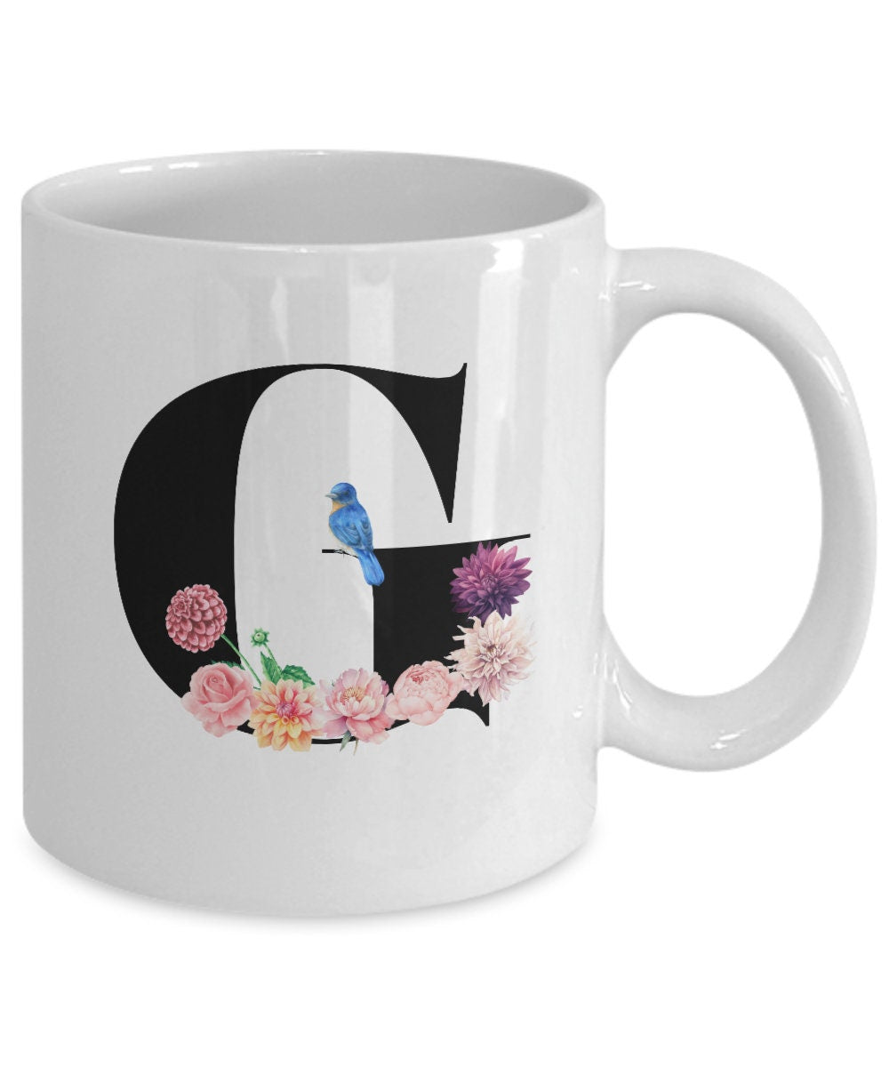 Large Letter G Coffee Mug, Alphabet Mug, Flower Letter Mug, Letter G Mug, Letter G Cup, Initial Monogram Mug, Bridesmaid Gift, Gift for Her