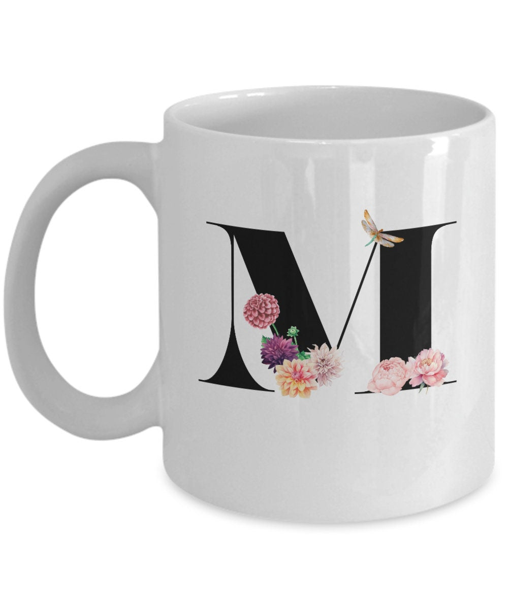 Large Letter M Coffee Mug, Alphabet Mug, Flower Letter Mug, Letter M Mug, Letter M Cup, Initial Monogram Mug, Bridesmaid Gift, Gift for Her