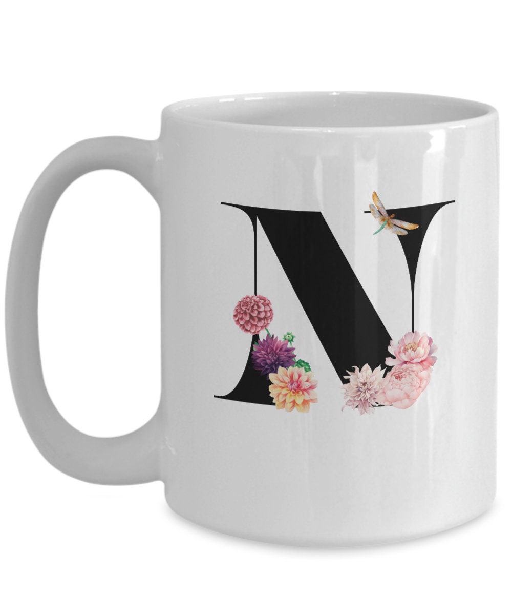 Large Letter N Coffee Mug, Alphabet Mug, Flower Letter Mug, Letter N Mug, Letter N Cup, Initial Monogram Mug, Bridesmaid Gift, Gift for Her