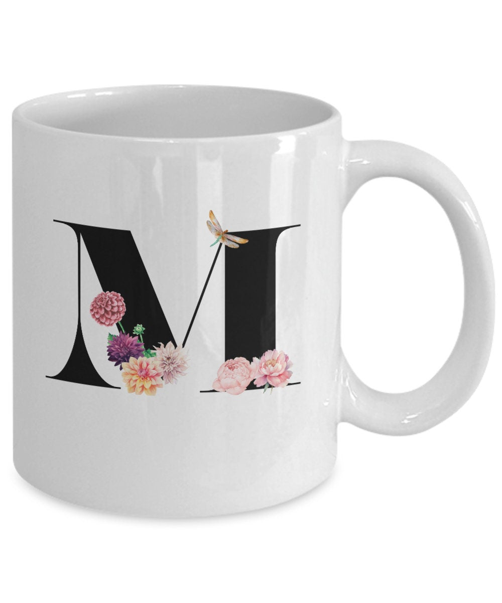 Large Letter M Coffee Mug, Alphabet Mug, Flower Letter Mug, Letter M Mug, Letter M Cup, Initial Monogram Mug, Bridesmaid Gift, Gift for Her