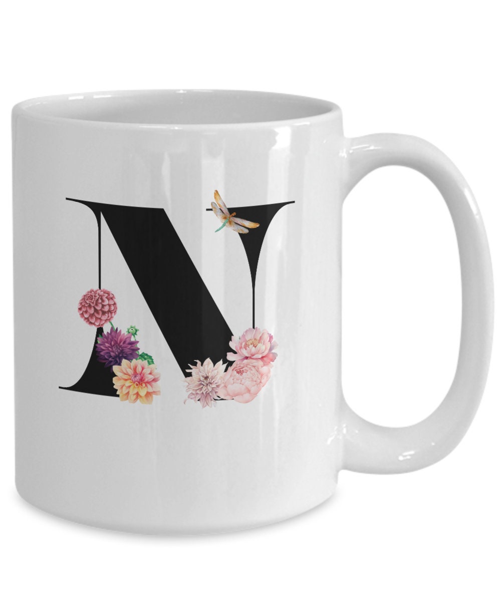 Large Letter N Coffee Mug, Alphabet Mug, Flower Letter Mug, Letter N Mug, Letter N Cup, Initial Monogram Mug, Bridesmaid Gift, Gift for Her