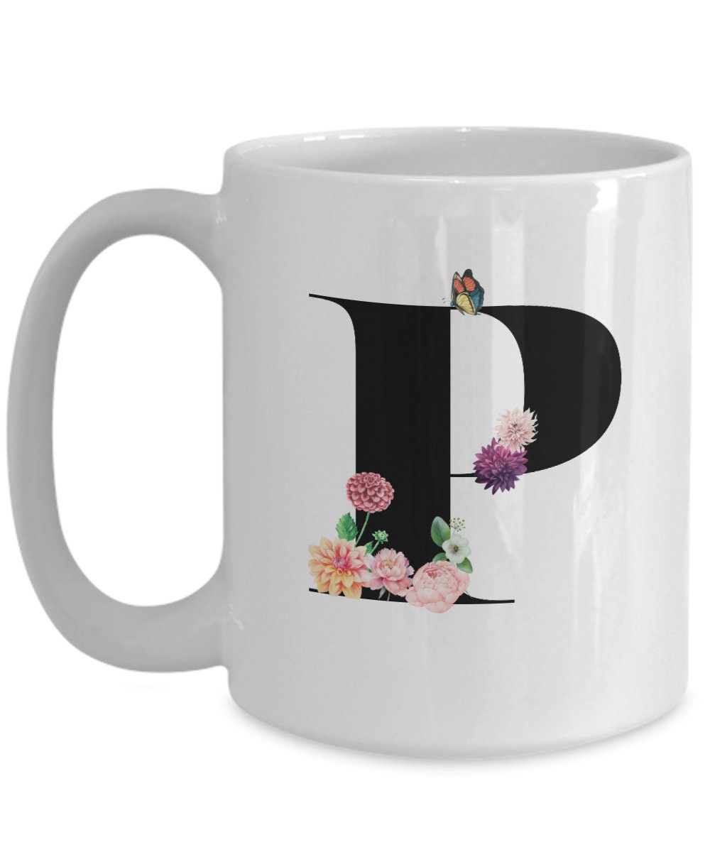 Large Letter P Coffee Mug, Alphabet Mug, Flower Letter Mug, Letter P Mug, Letter P Cup, Initial Monogram Mug, Bridesmaid Gift, Gift for Her