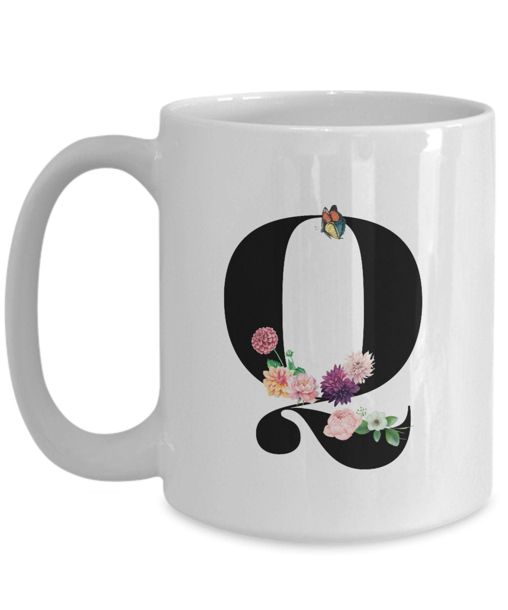 Large Letter Q Coffee Mug, Alphabet Mug, Flower Letter Mug, Letter Q Mug, Letter Q Cup, Initial Monogram Mug, Bridesmaid Gift, Gift for Her