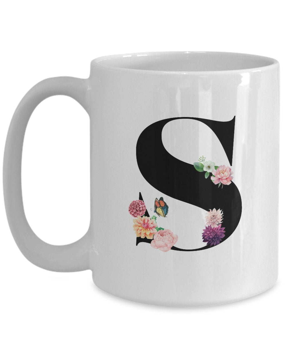 Large Letter S Coffee Mug, Alphabet Mug, Flower Letter Mug, Letter S Mug, Letter S Cup, Initial Monogram Mug, Bridesmaid Gift, Gift for Her