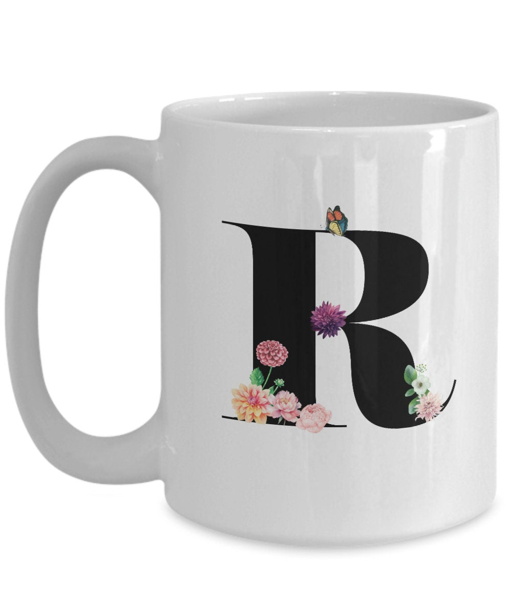 Large Letter R Coffee Mug, Alphabet Mug, Flower Letter Mug, Letter R Mug, Letter R Cup, Initial Monogram Mug, Bridesmaid Gift, Gift for Her