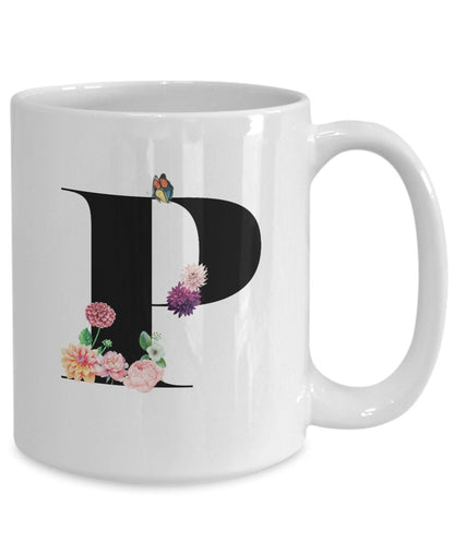 Large Letter P Coffee Mug, Alphabet Mug, Flower Letter Mug, Letter P Mug, Letter P Cup, Initial Monogram Mug, Bridesmaid Gift, Gift for Her