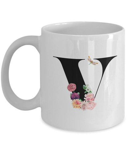 Large Letter V Coffee Mug, Alphabet Mug, Flower Letter Mug, Letter V Mug, Letter V Cup, Initial Monogram Mug, Bridesmaid Gift, Gift for Her