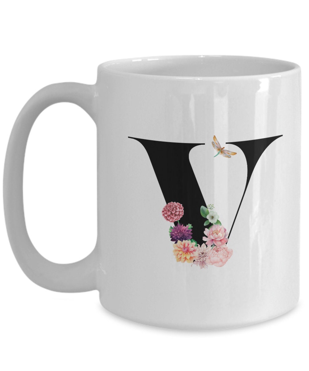 Large Letter V Coffee Mug, Alphabet Mug, Flower Letter Mug, Letter V Mug, Letter V Cup, Initial Monogram Mug, Bridesmaid Gift, Gift for Her