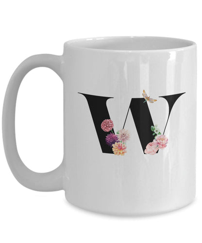 Large Letter W Coffee Mug, Alphabet Mug, Flower Letter Mug, Letter W Mug, Letter W Cup, Initial Monogram Mug, Bridesmaid Gift, Gift for Her