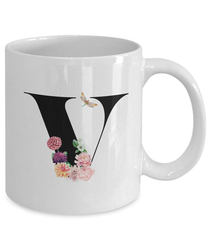 Large Letter V Coffee Mug, Alphabet Mug, Flower Letter Mug, Letter V Mug, Letter V Cup, Initial Monogram Mug, Bridesmaid Gift, Gift for Her