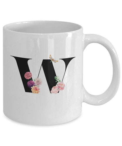 Large Letter W Coffee Mug, Alphabet Mug, Flower Letter Mug, Letter W Mug, Letter W Cup, Initial Monogram Mug, Bridesmaid Gift, Gift for Her