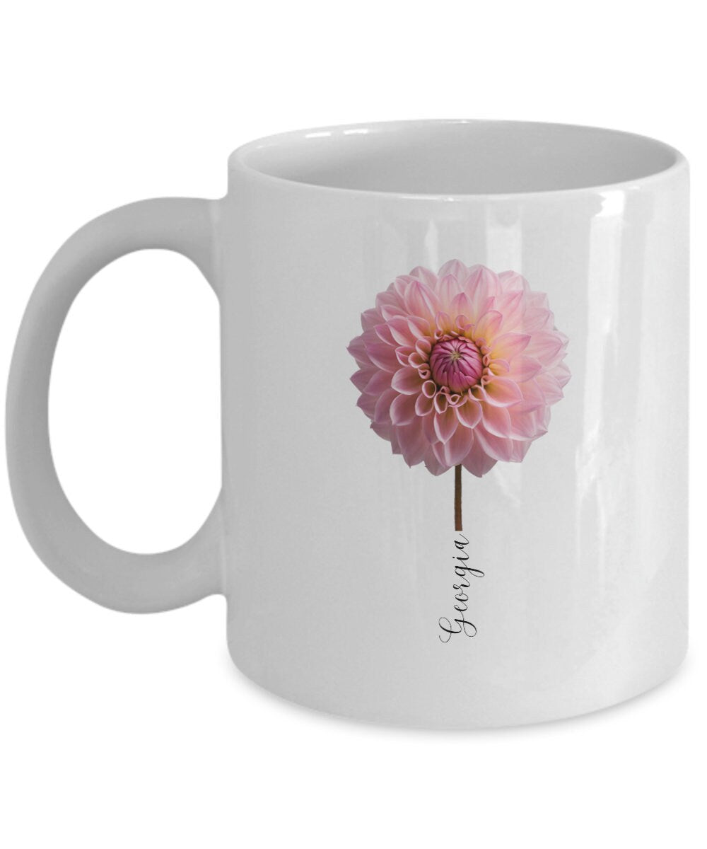 Personalized Dahlia Mug, Personalized Flower Coffee Cup, Gift for Her, Gift for Mom, Gift for Gardener