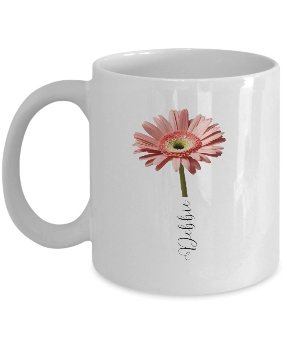 Personalized Gerbera Mug, Personalized Flower Coffee Cup, Gift for Gardener, Mom Gift, Flower Mug, Name Mug, Gift for Her