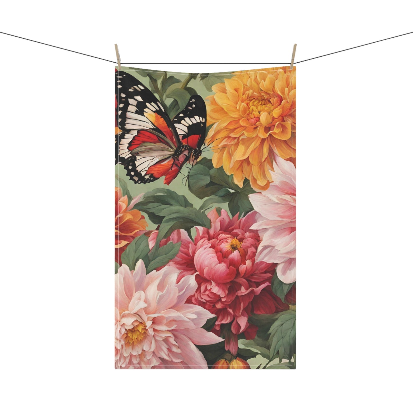 Dahlia and Butterfly Tea Towel, Gift for Her, Housewarming Gift, Kitchen Tea Towel