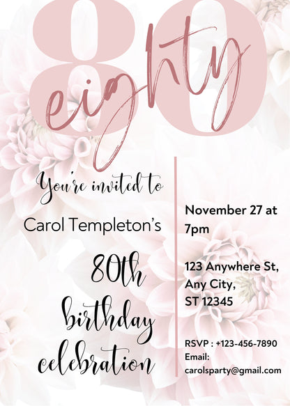 80th Birthday Invitation for Her, 80th Birthday Party, Customized 80th Invitation, Personalized 80th Birthday Invitation, Downloadable