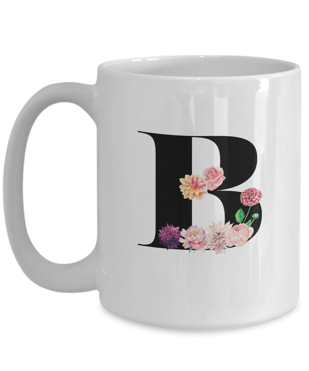 Large Letter B Coffee Mug, Alphabet Mug, Flower Letter Mug, Letter B Mug, Letter B Cup, Initial Monogram Coffee Mug, Bridesmaid Gift