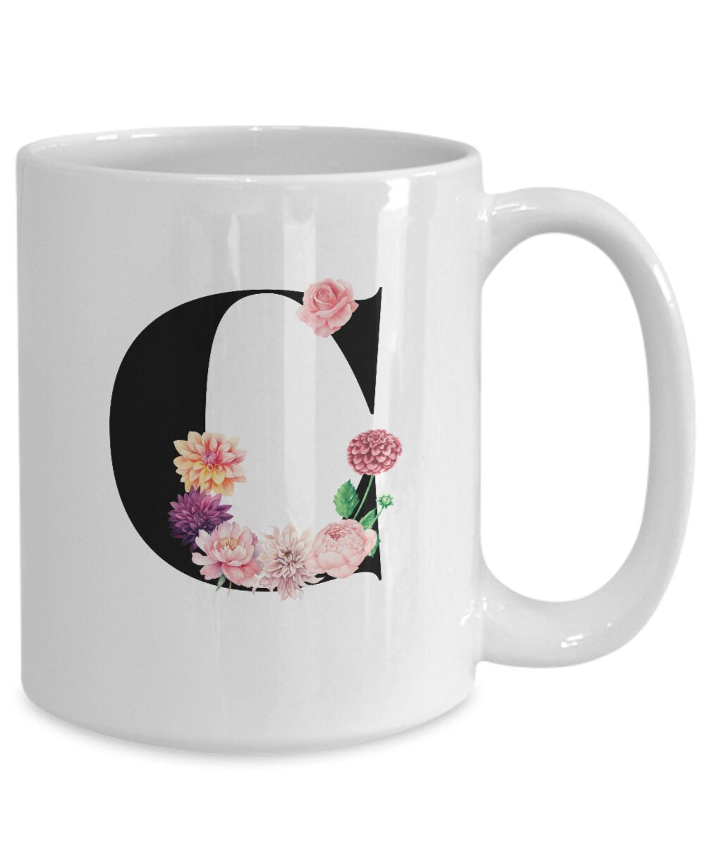 Large Letter C Coffee Mug, Alphabet Mug, Flower Letter Mug, Letter C Mug, Letter C Cup, Initial Monogram Coffee Mug, Bridesmaid Gift