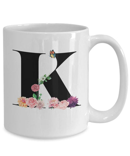 Large Letter K Coffee Mug, Alphabet Mug, Flower Letter Mug, Letter K Mug, Letter K Cup, Initial Monogram Mug, Bridesmaid Gift, Gift for Her