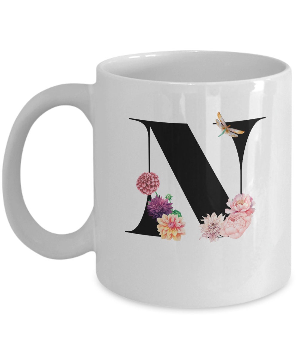 Large Letter N Coffee Mug, Alphabet Mug, Flower Letter Mug, Letter N Mug, Letter N Cup, Initial Monogram Mug, Bridesmaid Gift, Gift for Her