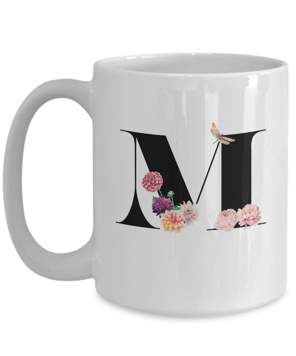 Large Letter M Coffee Mug, Alphabet Mug, Flower Letter Mug, Letter M Mug, Letter M Cup, Initial Monogram Mug, Bridesmaid Gift, Gift for Her