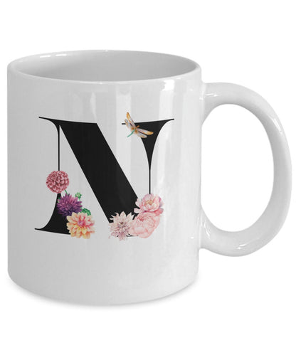 Large Letter N Coffee Mug, Alphabet Mug, Flower Letter Mug, Letter N Mug, Letter N Cup, Initial Monogram Mug, Bridesmaid Gift, Gift for Her