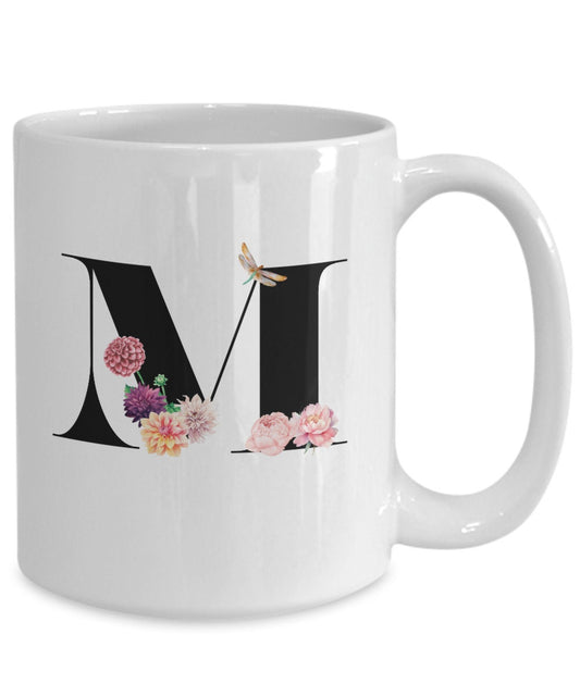 Large Letter M Coffee Mug, Alphabet Mug, Flower Letter Mug, Letter M Mug, Letter M Cup, Initial Monogram Mug, Bridesmaid Gift, Gift for Her