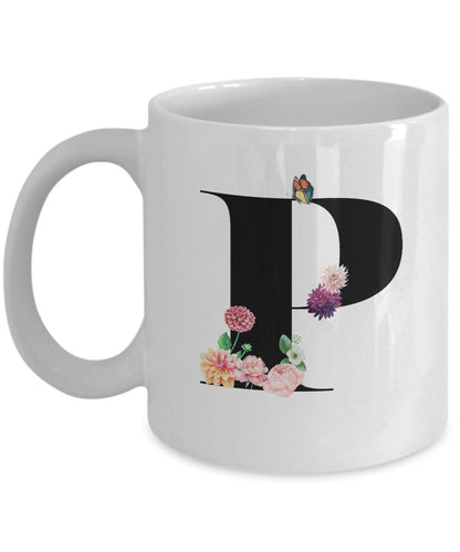 Large Letter P Coffee Mug, Alphabet Mug, Flower Letter Mug, Letter P Mug, Letter P Cup, Initial Monogram Mug, Bridesmaid Gift, Gift for Her