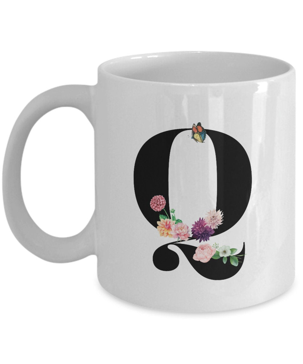 Large Letter Q Coffee Mug, Alphabet Mug, Flower Letter Mug, Letter Q Mug, Letter Q Cup, Initial Monogram Mug, Bridesmaid Gift, Gift for Her