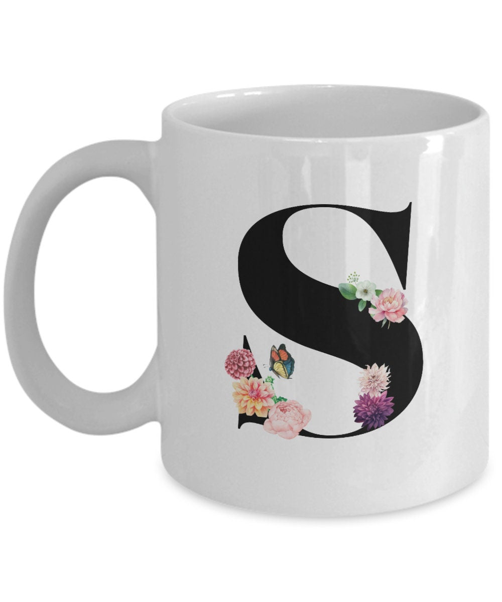 Large Letter S Coffee Mug, Alphabet Mug, Flower Letter Mug, Letter S Mug, Letter S Cup, Initial Monogram Mug, Bridesmaid Gift, Gift for Her