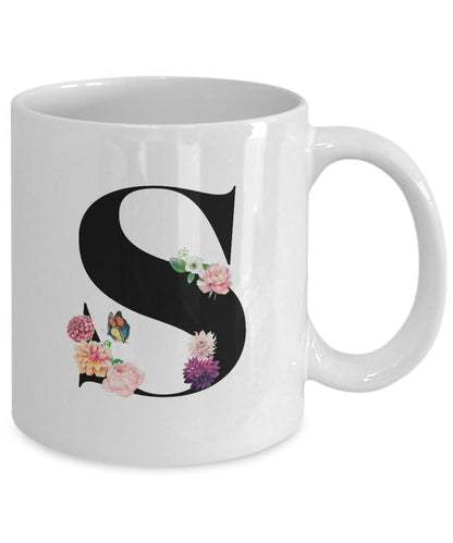 Large Letter S Coffee Mug, Alphabet Mug, Flower Letter Mug, Letter S Mug, Letter S Cup, Initial Monogram Mug, Bridesmaid Gift, Gift for Her