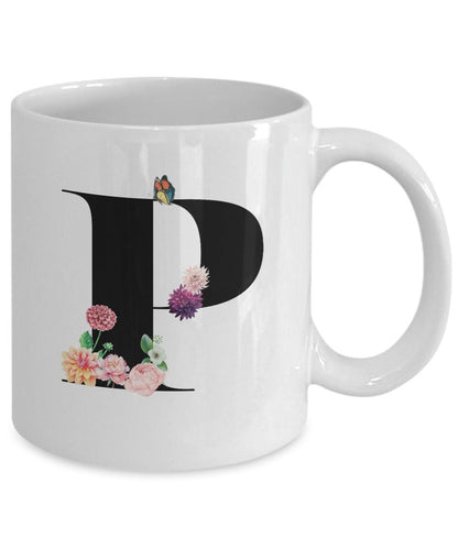 Large Letter P Coffee Mug, Alphabet Mug, Flower Letter Mug, Letter P Mug, Letter P Cup, Initial Monogram Mug, Bridesmaid Gift, Gift for Her