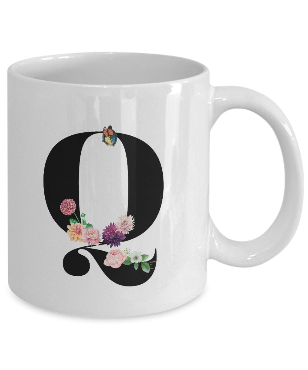 Large Letter Q Coffee Mug, Alphabet Mug, Flower Letter Mug, Letter Q Mug, Letter Q Cup, Initial Monogram Mug, Bridesmaid Gift, Gift for Her