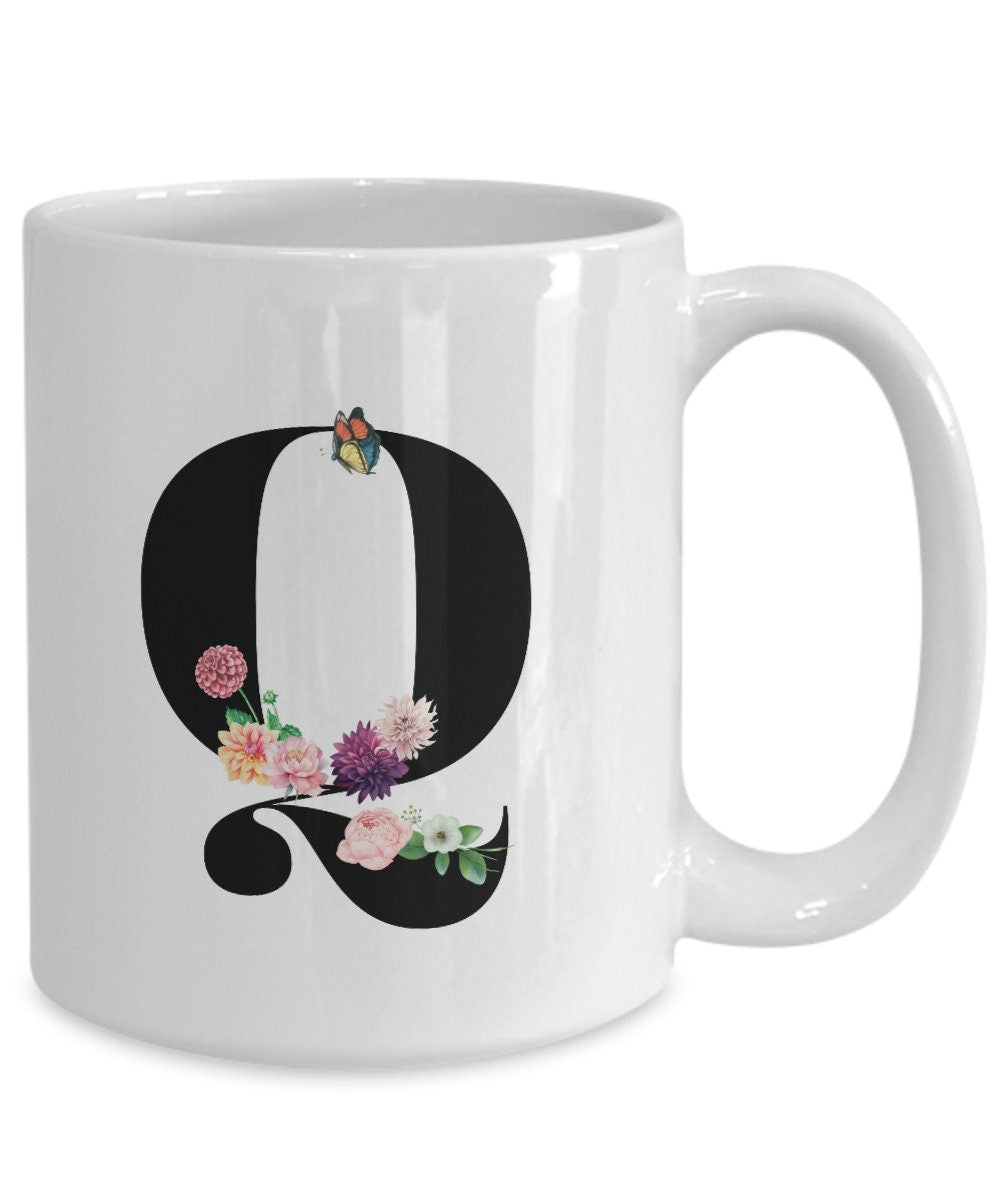 Large Letter Q Coffee Mug, Alphabet Mug, Flower Letter Mug, Letter Q Mug, Letter Q Cup, Initial Monogram Mug, Bridesmaid Gift, Gift for Her