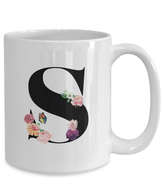 Large Letter S Coffee Mug, Alphabet Mug, Flower Letter Mug, Letter S Mug, Letter S Cup, Initial Monogram Mug, Bridesmaid Gift, Gift for Her