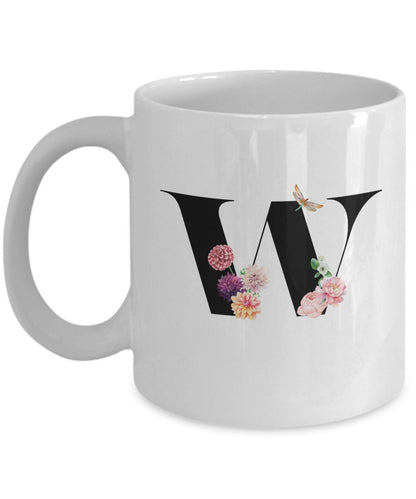 Large Letter W Coffee Mug, Alphabet Mug, Flower Letter Mug, Letter W Mug, Letter W Cup, Initial Monogram Mug, Bridesmaid Gift, Gift for Her