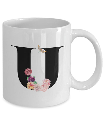 Large Letter U Coffee Mug, Alphabet Mug, Flower Letter Mug, Letter U Mug, Letter U Cup, Initial Monogram Mug, Bridesmaid Gift, Gift for Her