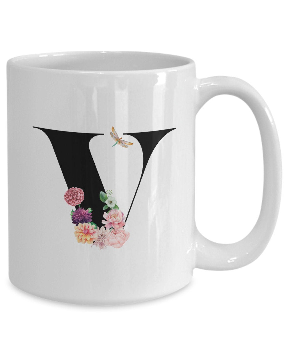 Large Letter V Coffee Mug, Alphabet Mug, Flower Letter Mug, Letter V Mug, Letter V Cup, Initial Monogram Mug, Bridesmaid Gift, Gift for Her