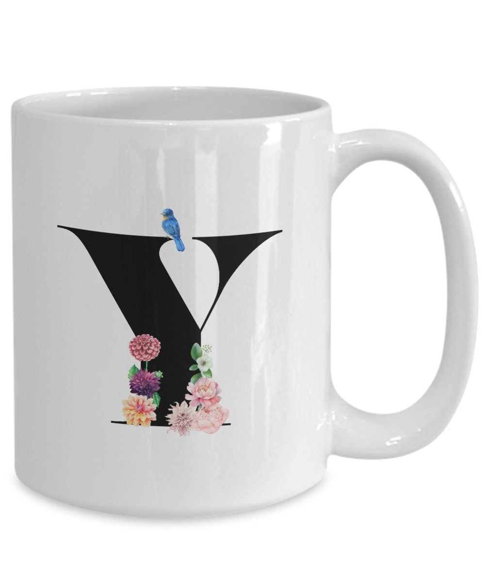 Large Letter Y Coffee Mug, Alphabet Mug, Flower Letter Mug, Letter Y Mug, Letter Y Cup, Initial Monogram Mug, Bridesmaid Gift, Gift for Her