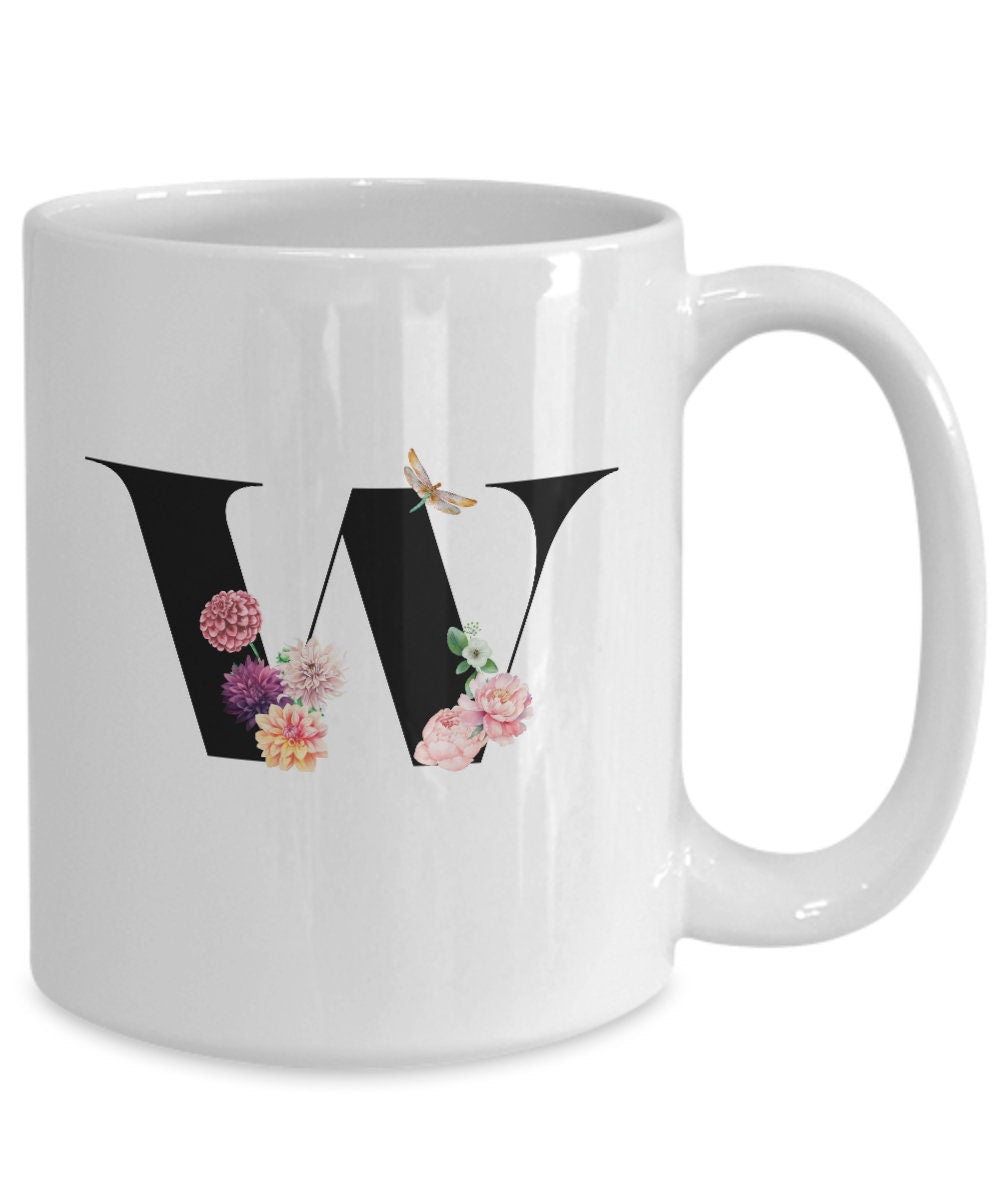 Large Letter W Coffee Mug, Alphabet Mug, Flower Letter Mug, Letter W Mug, Letter W Cup, Initial Monogram Mug, Bridesmaid Gift, Gift for Her