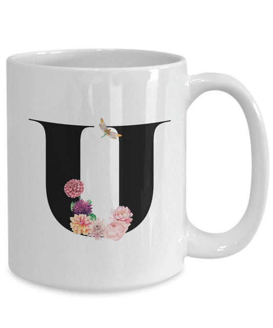 Large Letter U Coffee Mug, Alphabet Mug, Flower Letter Mug, Letter U Mug, Letter U Cup, Initial Monogram Mug, Bridesmaid Gift, Gift for Her